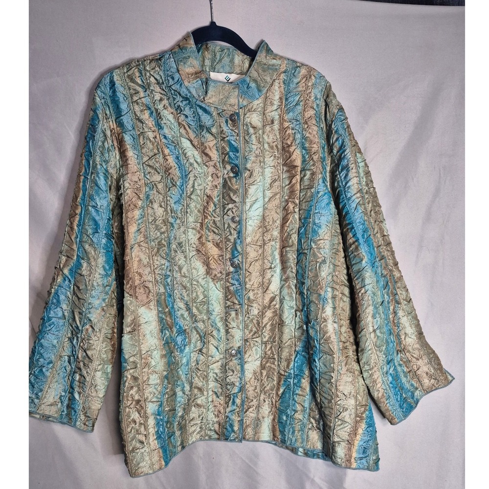Erin London Womens‎ 2X Blue Tan Crinkle Button Up Jacket
